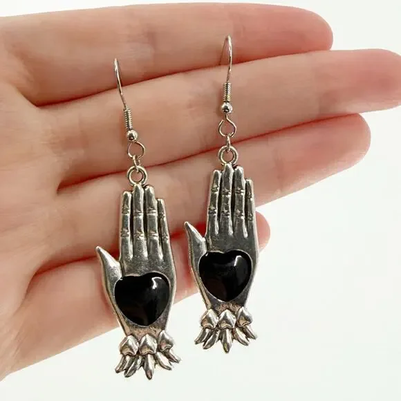 Silver Hamsa Hand Dangle Earrings | Black Heart Evil Eye Protection Jewelry