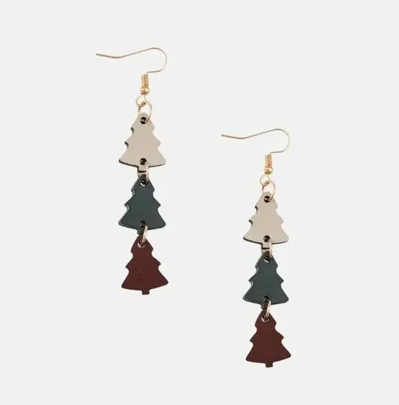 Multicolor Christmas Tree Wood Drop Earrings