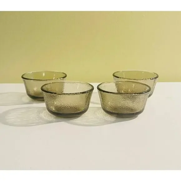 4 Vtg Glasbake Ramekins Bowls Amber Brown Food Prep Custard Fruit Textured