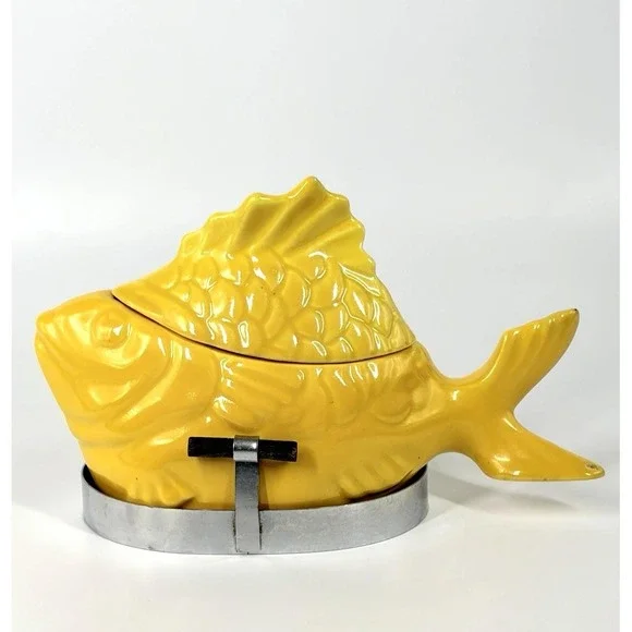 Vintage Pottery Chicken of the Sea Tuna Baker Yellow Fish - Original Stand Incl