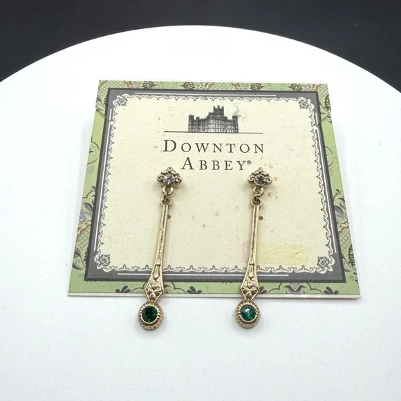 Downton Abbey Gold Tone Green Crystal Art Deco Drop Dangle Earrings Costume