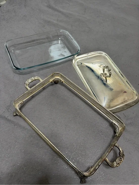 Silver Rectangular Serving Chafing Frame with Glass Insert and Lid