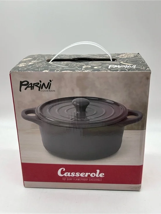 NEW Parini 1 Quart Gray Round Flameproof Casserole with Lid NIB