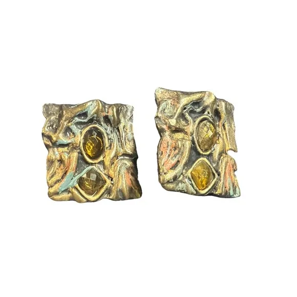 1980s Brutalist Clip On Earrings Mixed Metal Sculptural Statement 1.25