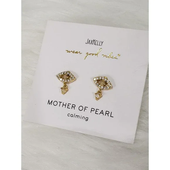 NEW JaxKelly Mother of Pearl Stud Earrings EVIL EYE dainty gold tone