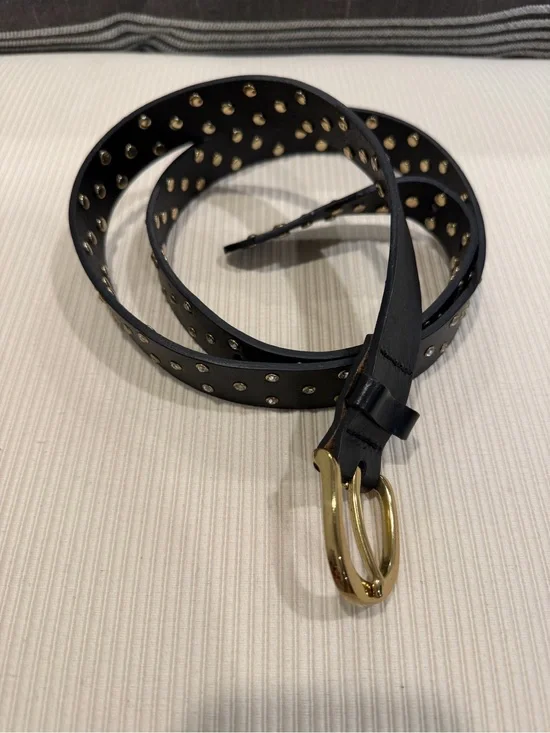 J. Crew Black Leather Studded Belt with Gold Buckle