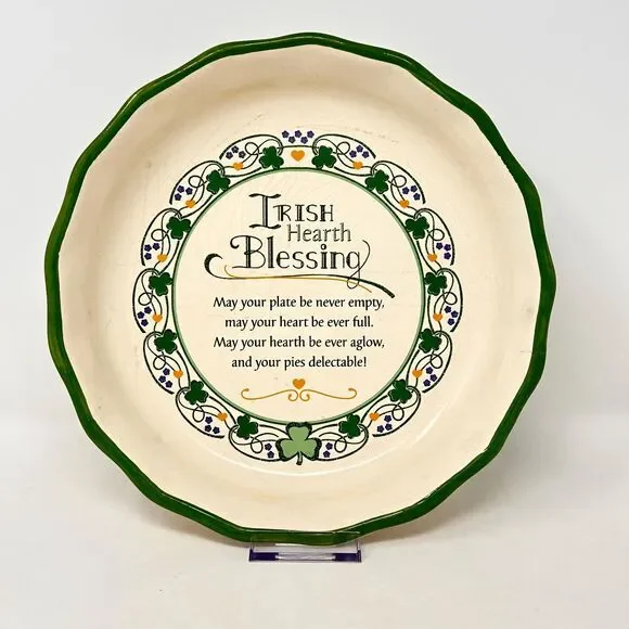 Vtg Ceramic Irish Hearth Blessing Pie Plate Fluted Green Shamrock Baking Dish
