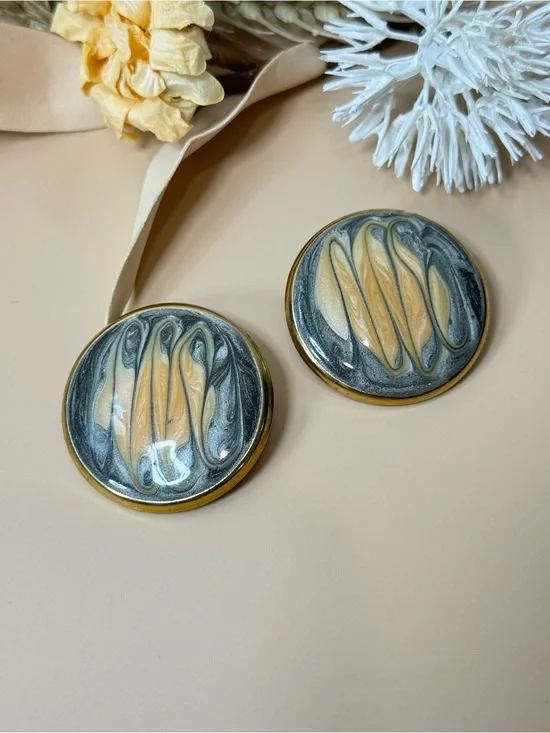 Vintage Oversized Round Abstract Enamel Statement Earrings Gold Tone Pierced
