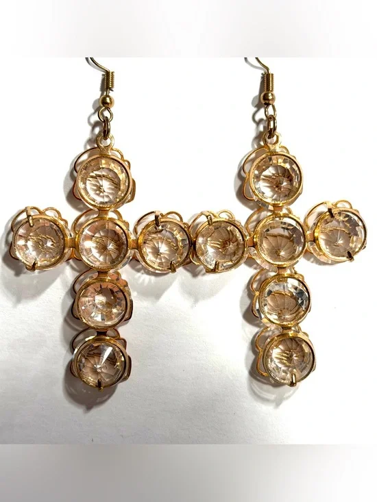 Clear Faceted Crystal Chandelier Cross Dangle Statement Earrings 3 Inch