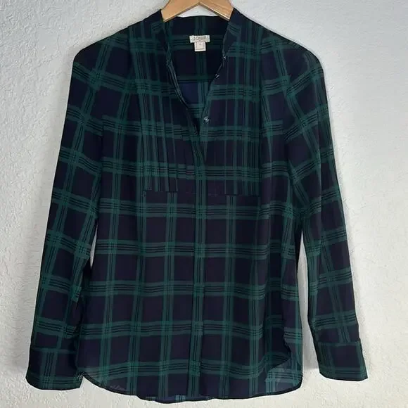 Vintage J.Crew Navy Plaid Tuxedo Bib Blouse Preppy Classic Academia Small