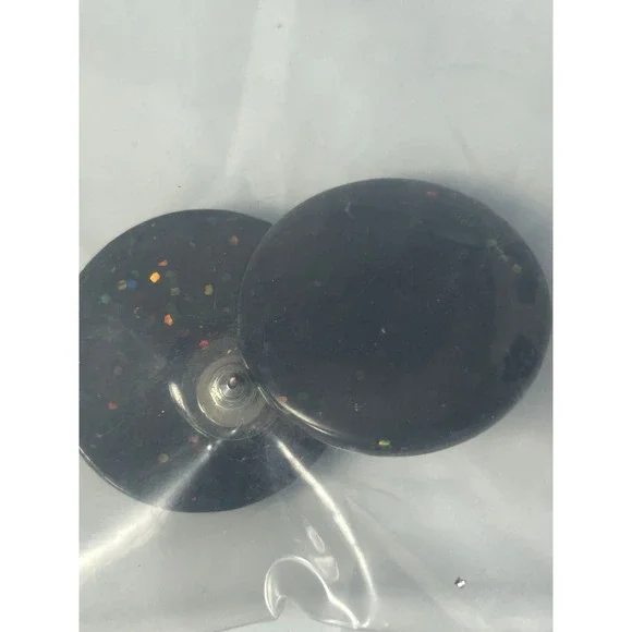 Black Glitter Round Stud Earrings Small Sparkle Rhinestone Post‎ Back