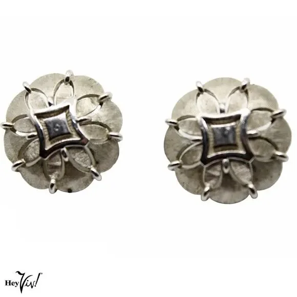 Vintage Trifari Silver Tone Clip-On Earrings Floral Geometric Design 1