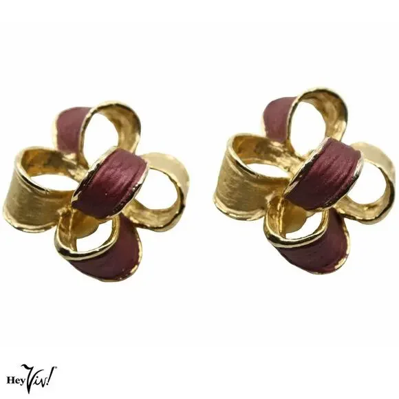 Vintage Gold Tone Burgundy Enamel Bow Clip-On Earrings 1.5