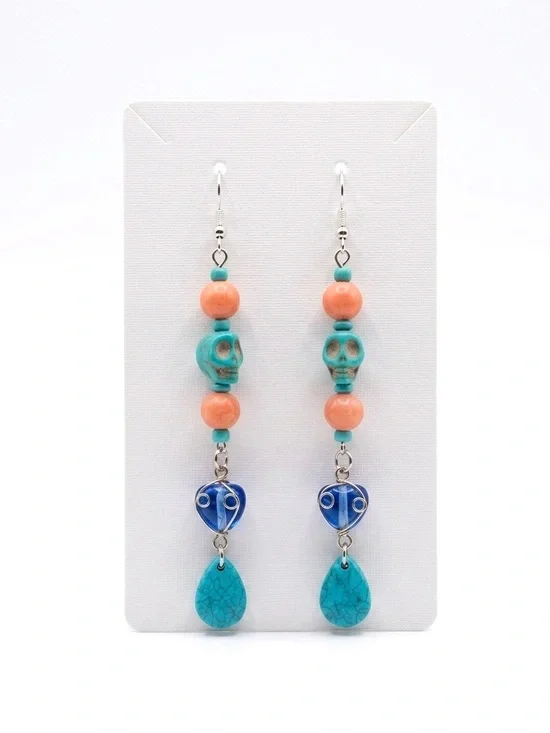 Handmade New S925 Sterling Silver Turquoise Rhodonite Skull Candy Drop Earrings