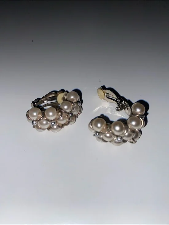 Pearl Style Cluster Clip-On Earrings - Cream Pearls, Silver Accents