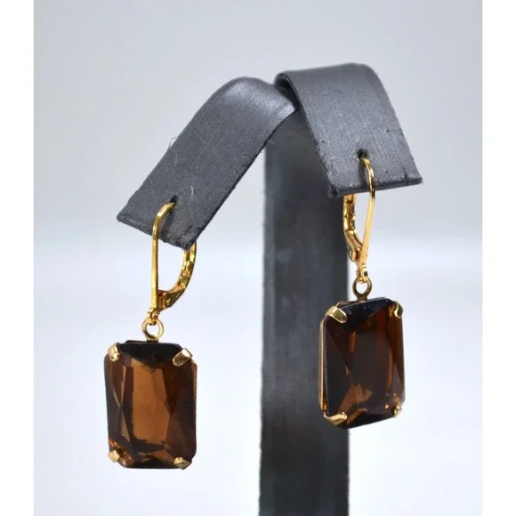 Gold Tone Dark Brown Amber Crystal Lever-back Earrings 1.5