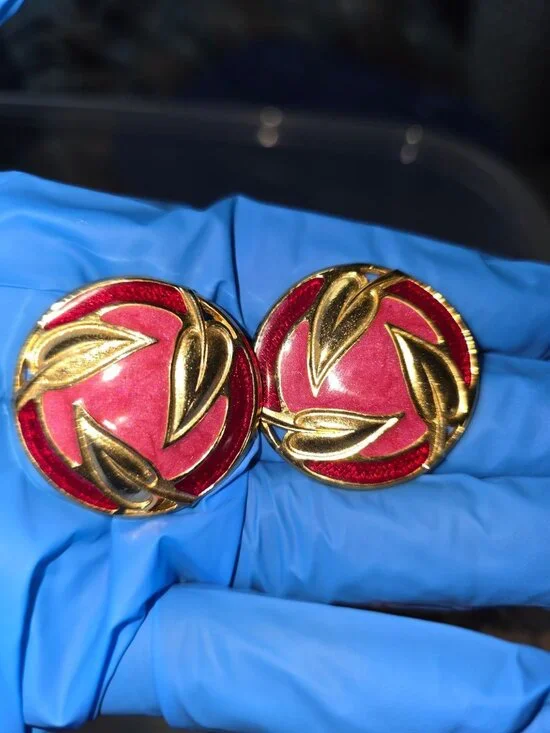 Vintage Berebi Gold-Tone Red Enamel Round Leaf Design Post Earrings