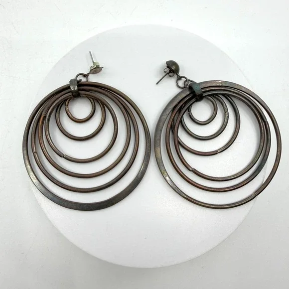 Copper Tone Concentric Multi Hoop Dangle Earrings Boho Artisan Statement Gift