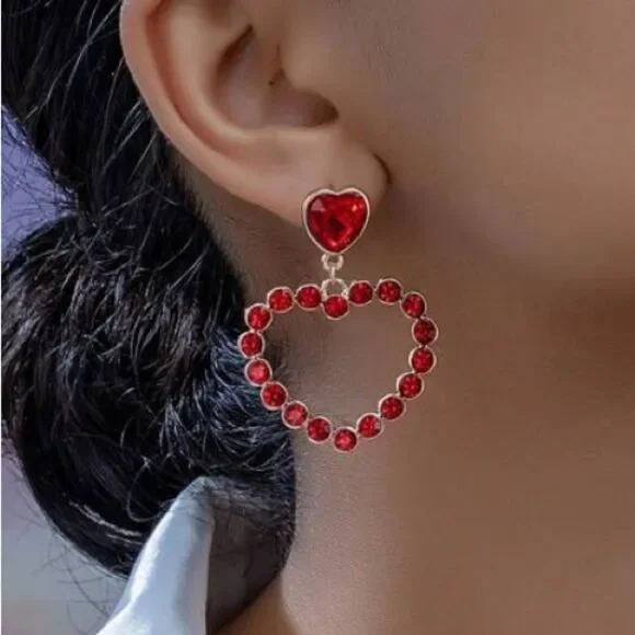 3for$20 NEW 2pcs/Set Of Luxurious Shiny Heart-Shaped Alloy Inlaid Gemstone
