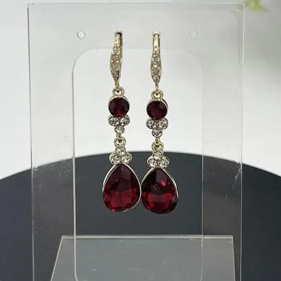 Givenchy Womens Gold‎ Tone Red Clear Crystal Dangle Drop Lever-back Earring New