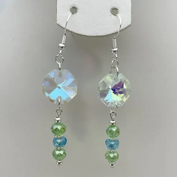 Silver White AB Green Blue Glass Beaded Dangle Earrings Unique