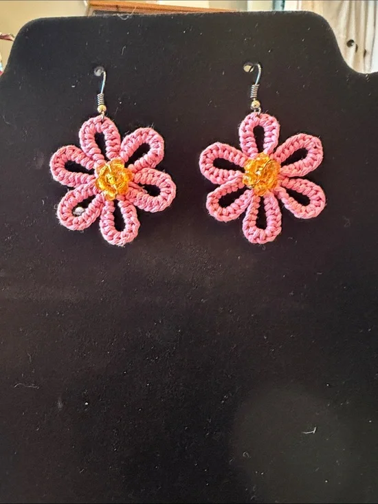 Handmade Pink Flower Drop Earrings with Yellow Center