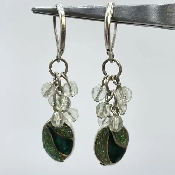 Vintage Silver Tone Green Enamel Dangle Earrings Drop Back Hoops Boho Classic
