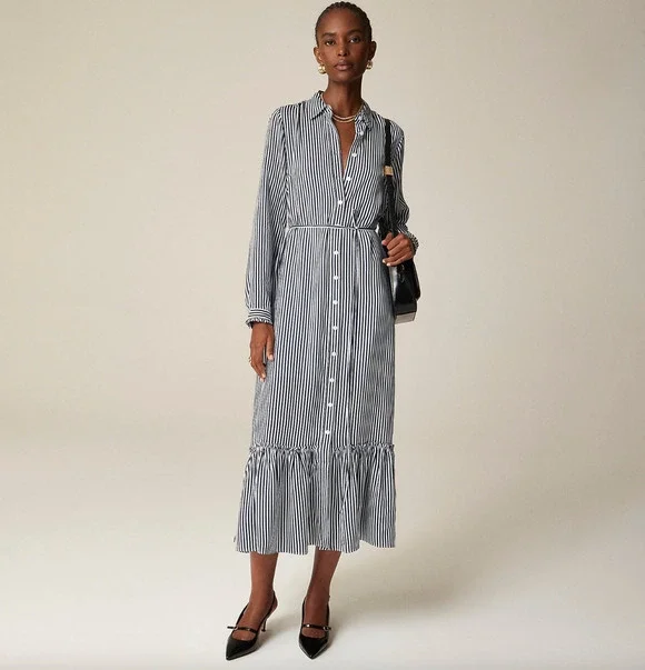 J.Crew Long Amelia Shirt Dress Striped Drapey Viscose Twill Nautical XXS NWT