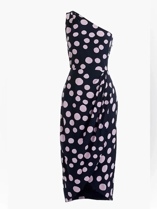 NWT J.Crew Silk One-Shoulder Polka Dot Midi Dress Navy Pink 4