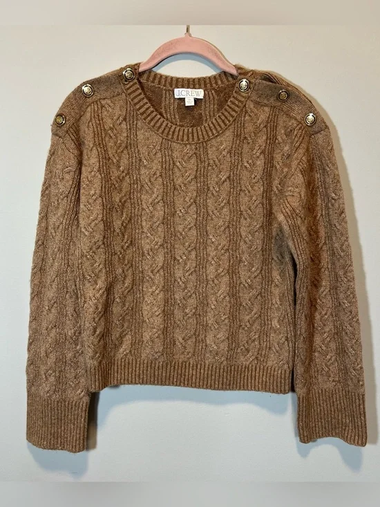 J. Crew Cable Knit Sweater With Buttons in Supersoft Yarn Brown Relaxed‎ Fit XS