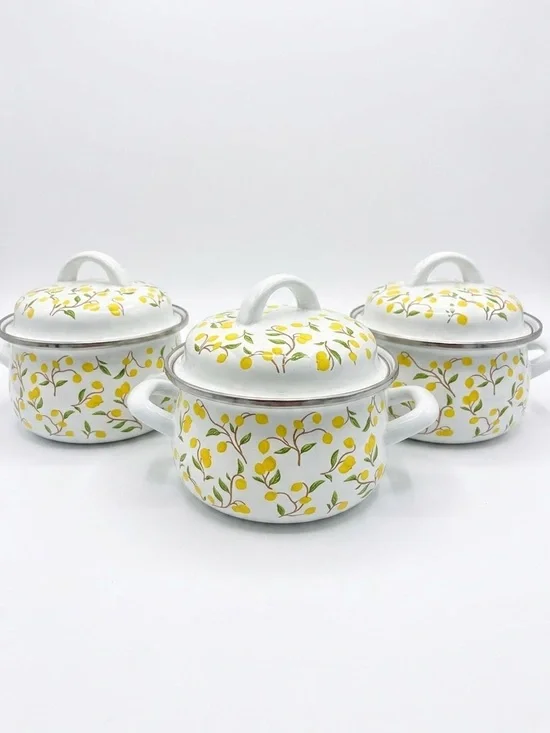 Lot Of  3 Crofton 1 -Quart Lemon  Enamelware Double Handle W/Lid