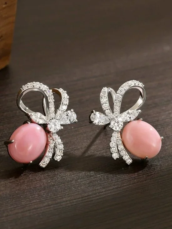 Sparkling Bow & Pink Cabochon Stud Earrings