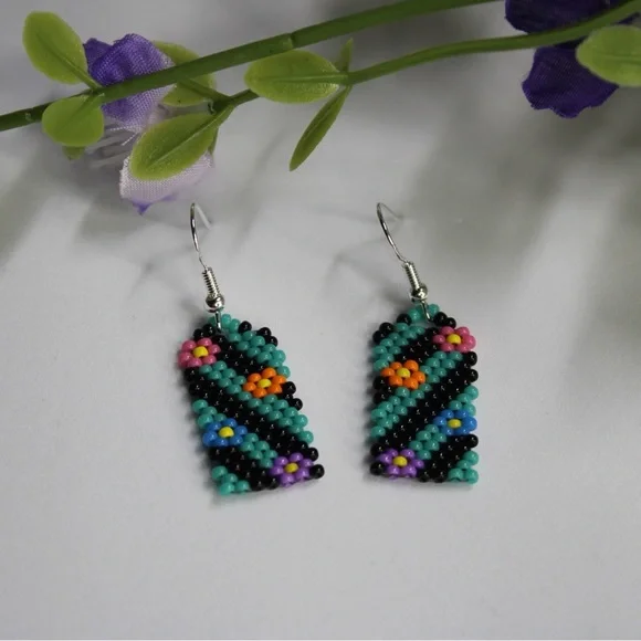 Seed Bead Earrings Turquoise Black Flowers 1.5” Beaded‎ Earrings Handmade