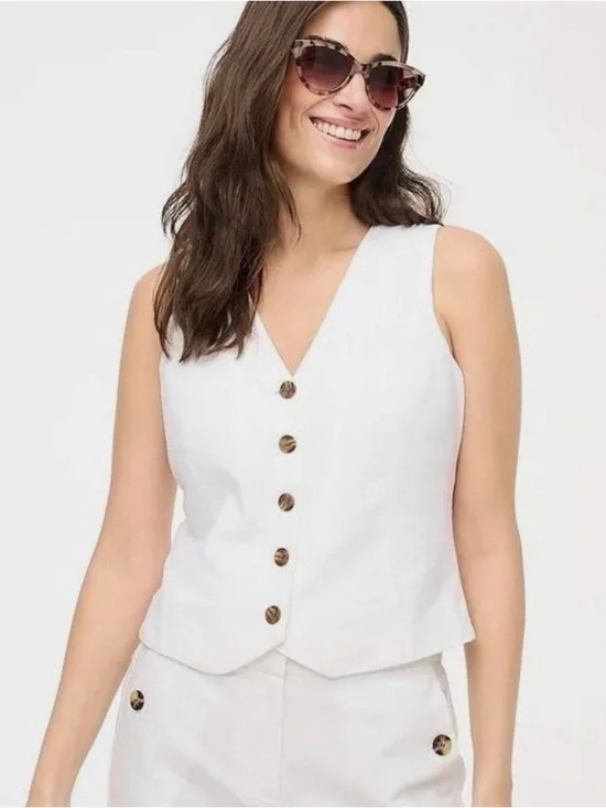 J. Crew White Button Down Vest Linen Blend Tailored Size 16 Plus Size