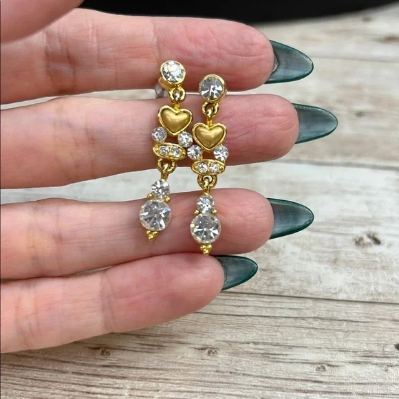 Gold and Crystal Heart Drop Earrings