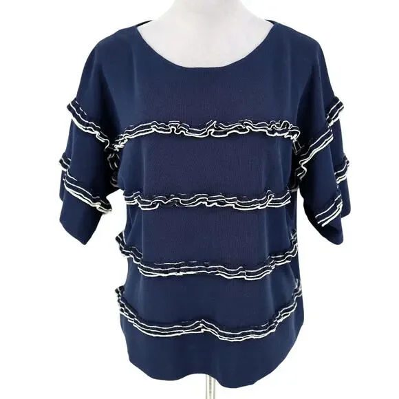 J Crew Sweater Womens Medium Navy Blue White Ruffle Top Cotton Knit Whimsy