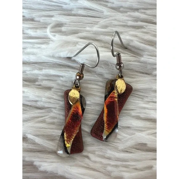 Dichroic‎ Glass Drop Earrings Amber Copper Gold Leaf Twist Dangle Artisan Boho