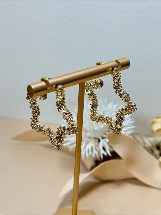 Gold Tone Textured Star Outline Statement Post Earrings
