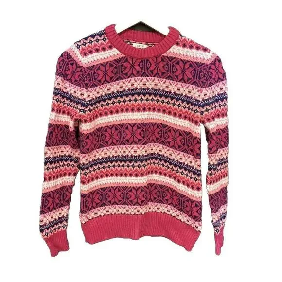 J.Crew Sweater Women's XS Pink Blue Cotton Ribbed Crew Neck Fair‎ Isle Pullover