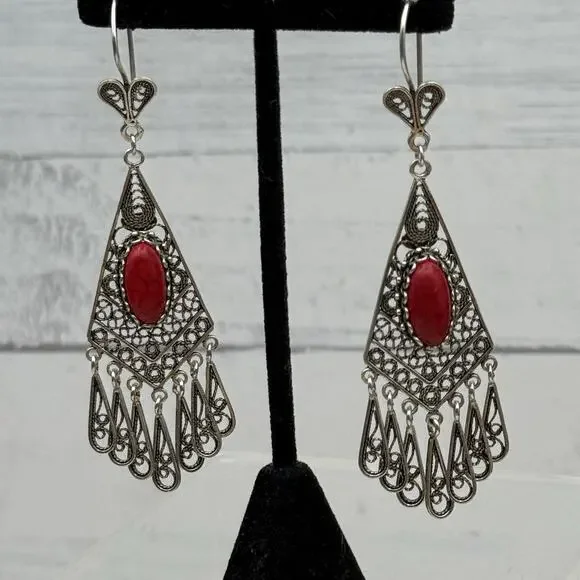 DGS Turkey 925 Sterling Silver Filigree Carnelian Dangle Earrings 16.4 grams