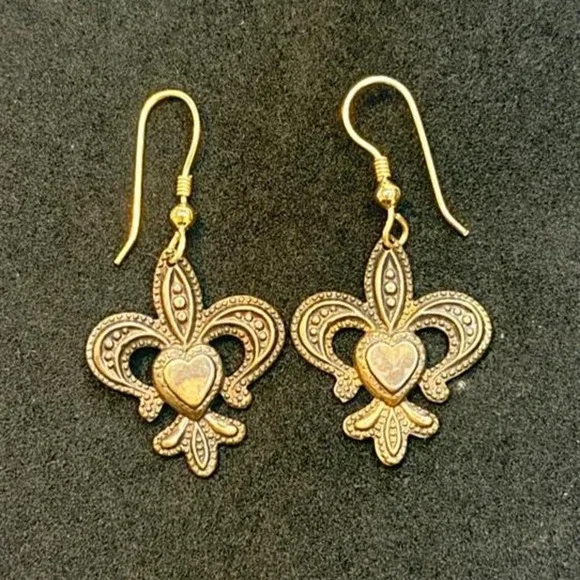 Fleur de Lis Dangle Drop Earrings with Heart Center