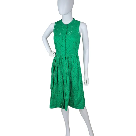 J Crew Eyelet Dress Womens 00 Kelly Green Sleeveless Button Front Clover‎ Preppy
