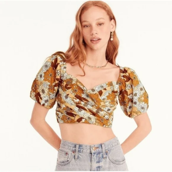 J. Crew Blouse Medium Brown Puff Short Sleeve Cotton Crop Top Zinnia Floral Boho