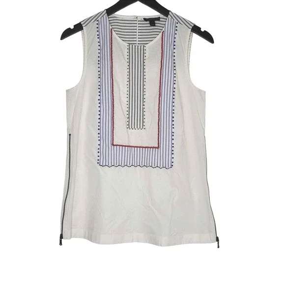 J Crew Sleeveless Beaded Tunic Top‎ 0 White Blue Stripe Side Zip Round Neck Boho