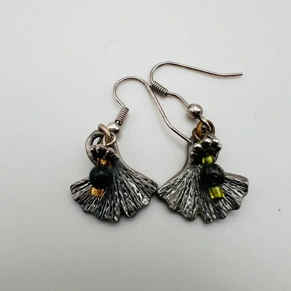 Vintage Silver Tone Ginkgo Leaf Dangle Earrings with Green Black Beads Boho