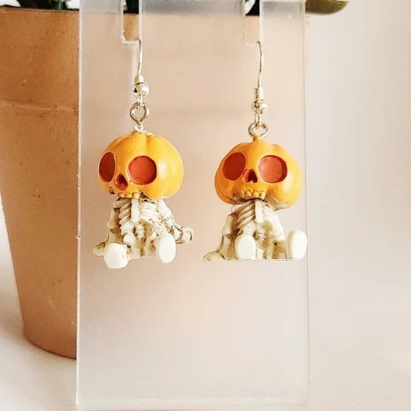 Halloween‎ Pumpkin Head Skeleton Dangle Earrings Orange Jack O Lantern Spooky