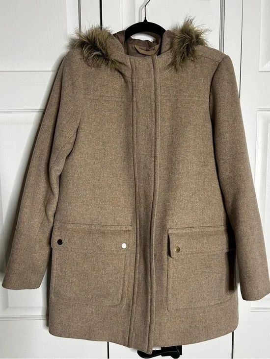 J. Crew Taupe Hooded Wool-Blend Trench Coat with Faux Fur Trim