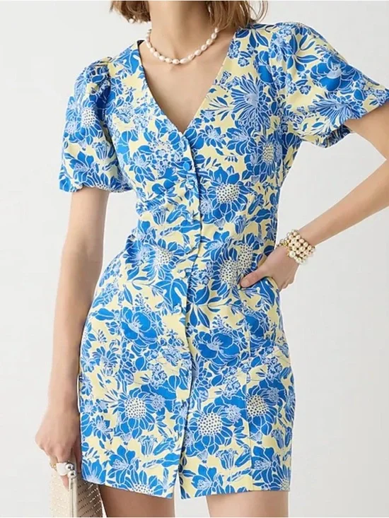 NWT J.CREW BUTTON-FRONT PUFF-SLEEVE MINI DRESS IN BLUE FLORAL
