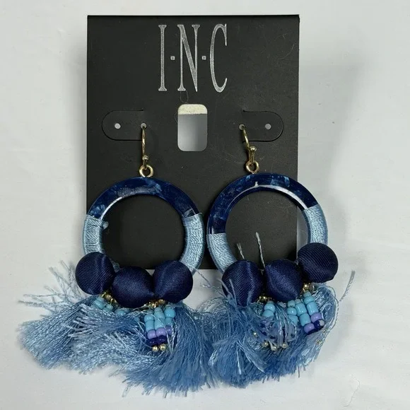 INC Blue Tassel Hoop‎ Earrings