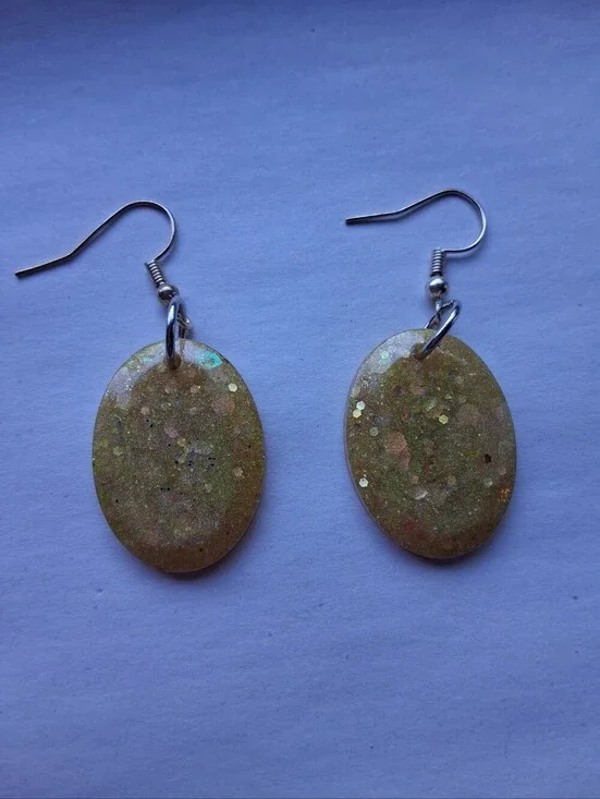 Hand Crafted Gold Glitter Oval Drop Earrings